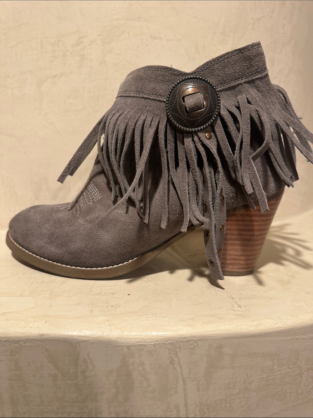 Fringe Suede Block-Heel Ankle Boot - Gray Ariat 9.5